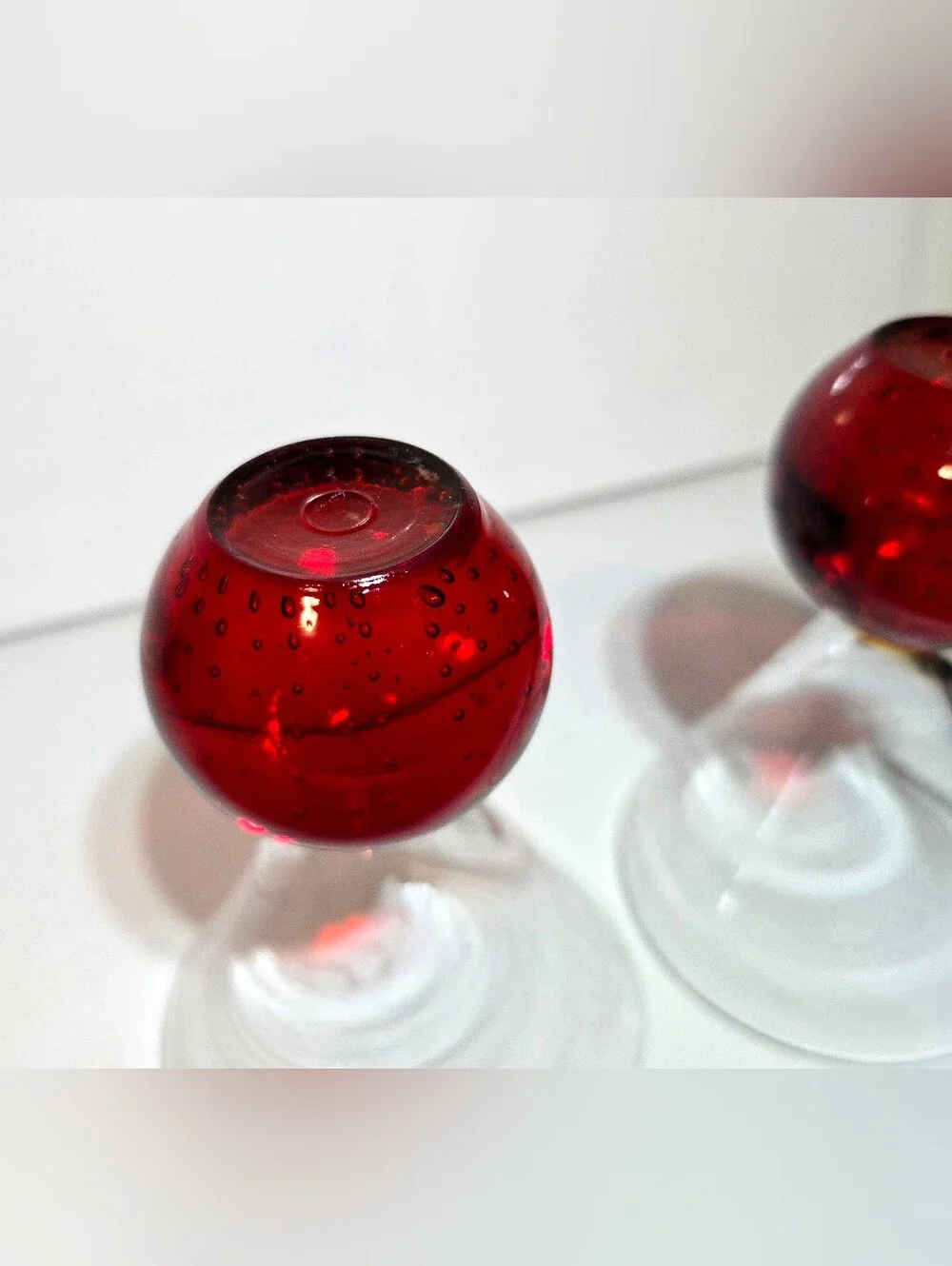 MCM Red Controlled Bubble Base Martini Glass Set of 2 Vintage Art Deco Drinkware
